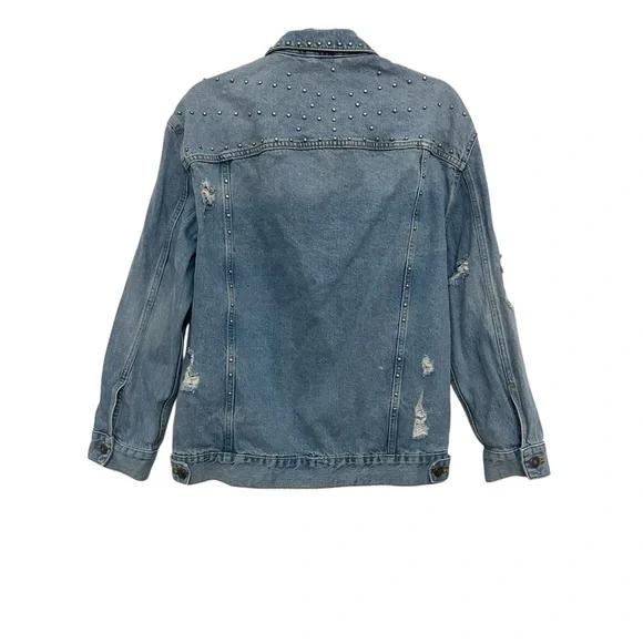 Free People Oversized Distressed Studded Denim Jean Jacket READ Size Small - Picture 4 of 14